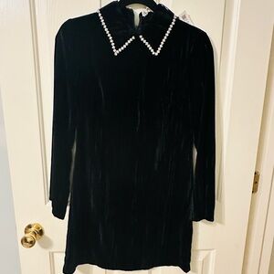 Zara Velvet Rhinestone Collared Mini Dress black Long Sleeve Sz XS sold out